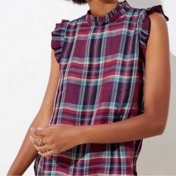 LOFT - Sleeveless Plaid Ruffle Top – XSmall - Picture 1 of 8
